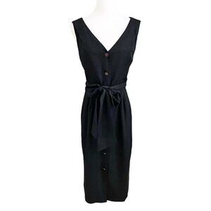 JEAN-CLAUDE POITRAS 100% SILK BLACK SLEEVELESS BUTTON FRONT BELTED MIDI DRESS